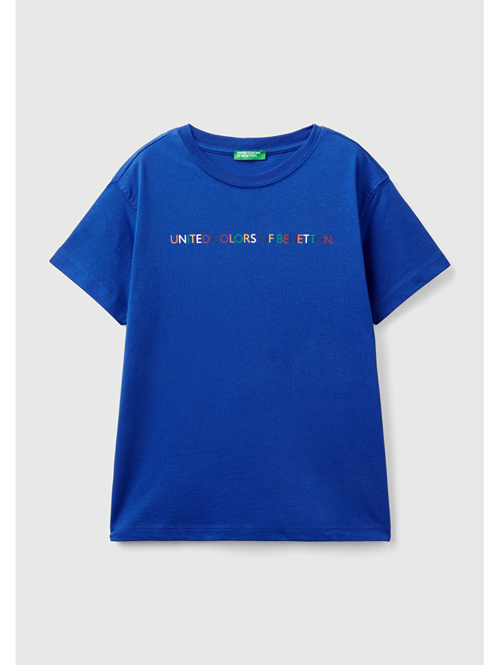 United Colors Of Benetton Saks-Lacivert Erkek Çocuk Saks Mavi Önü Çok Renkli Logo Baskılı Bisiklet Yaka Kısa Kollu T-Shirt