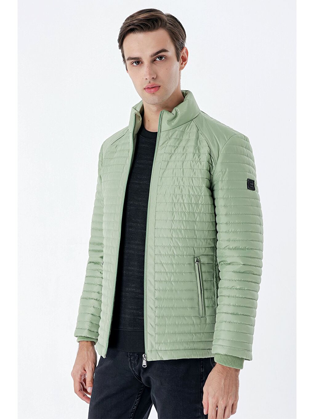 Açık Yeşil Kapitone Dolumlu Dik Yaka Astarlı Slim Fit Dar Kesim Casual Mont 1007235164-1