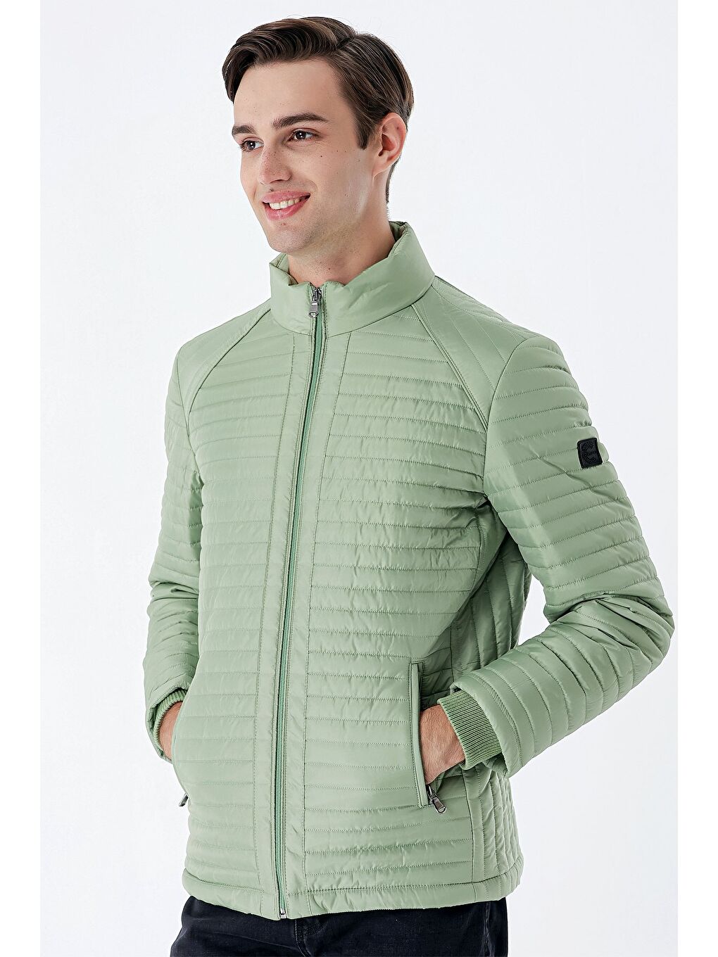 Açık Yeşil Kapitone Dolumlu Dik Yaka Astarlı Slim Fit Dar Kesim Casual Mont 1007235164-2