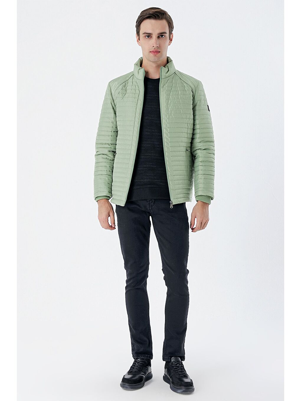 Açık Yeşil Kapitone Dolumlu Dik Yaka Astarlı Slim Fit Dar Kesim Casual Mont 1007235164-3