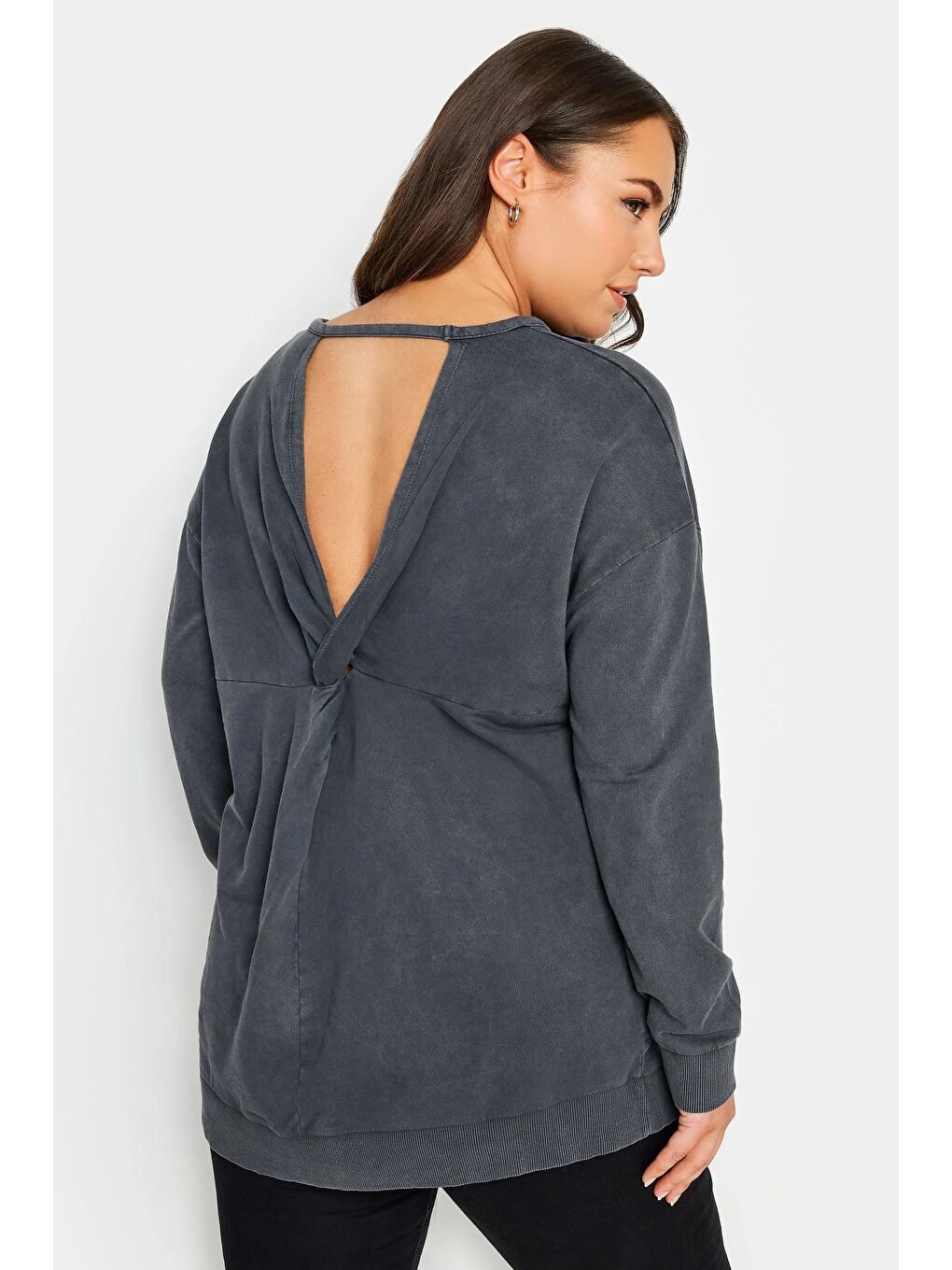 Antrasit Büyük Beden Bisiklet Yaka Sırt Detaylı Uzun Kollu Yıkamalı Sweatshirt-2