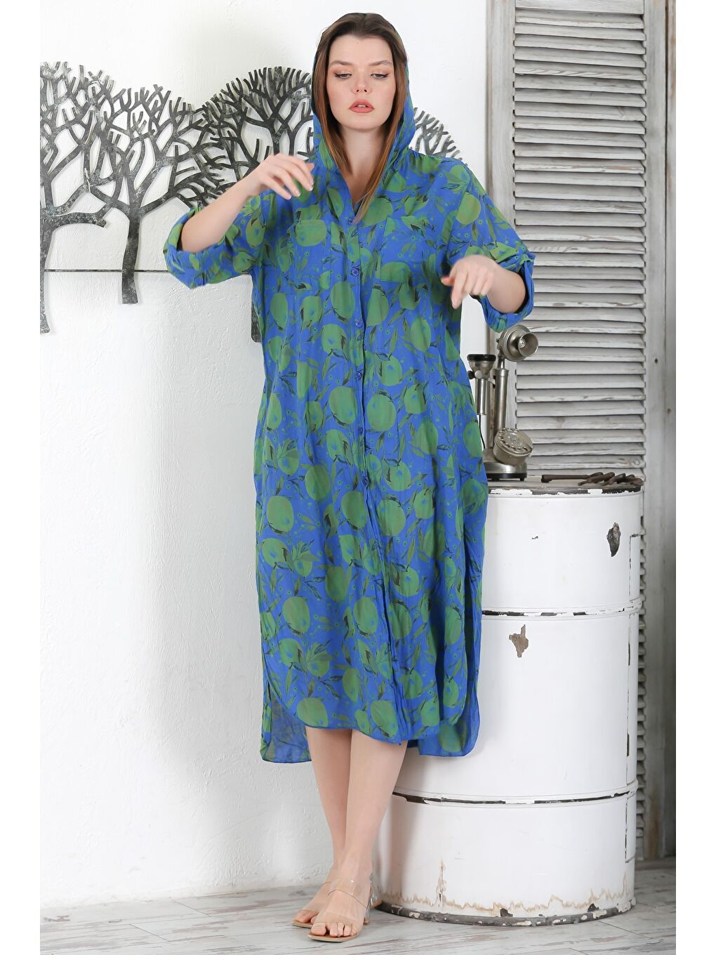 İtalyan Mavi Düğmeli Uzun Kollu Desenli Çift Cepli Kapüşonlu Casual Dokuma Yazlık Elbise 130 65-1