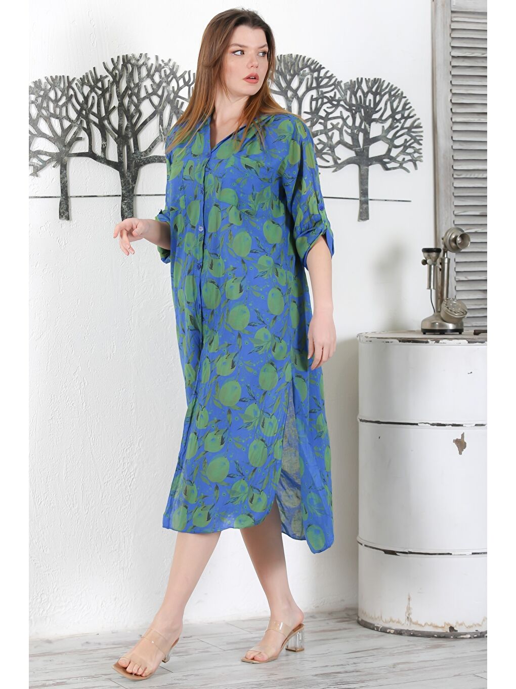 İtalyan Mavi Düğmeli Uzun Kollu Desenli Çift Cepli Kapüşonlu Casual Dokuma Yazlık Elbise 130 65-2