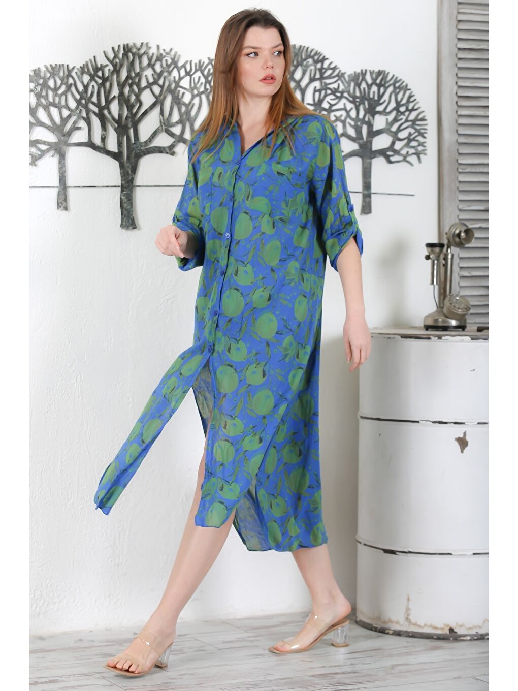 İtalyan Mavi Düğmeli Uzun Kollu Desenli Çift Cepli Kapüşonlu Casual Dokuma Yazlık Elbise 130 65-3