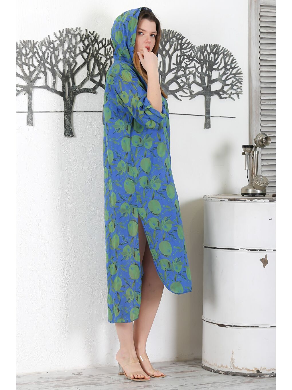 İtalyan Mavi Düğmeli Uzun Kollu Desenli Çift Cepli Kapüşonlu Casual Dokuma Yazlık Elbise 130 65-5