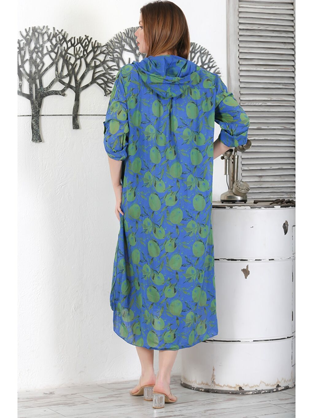 İtalyan Mavi Düğmeli Uzun Kollu Desenli Çift Cepli Kapüşonlu Casual Dokuma Yazlık Elbise 130 65-6