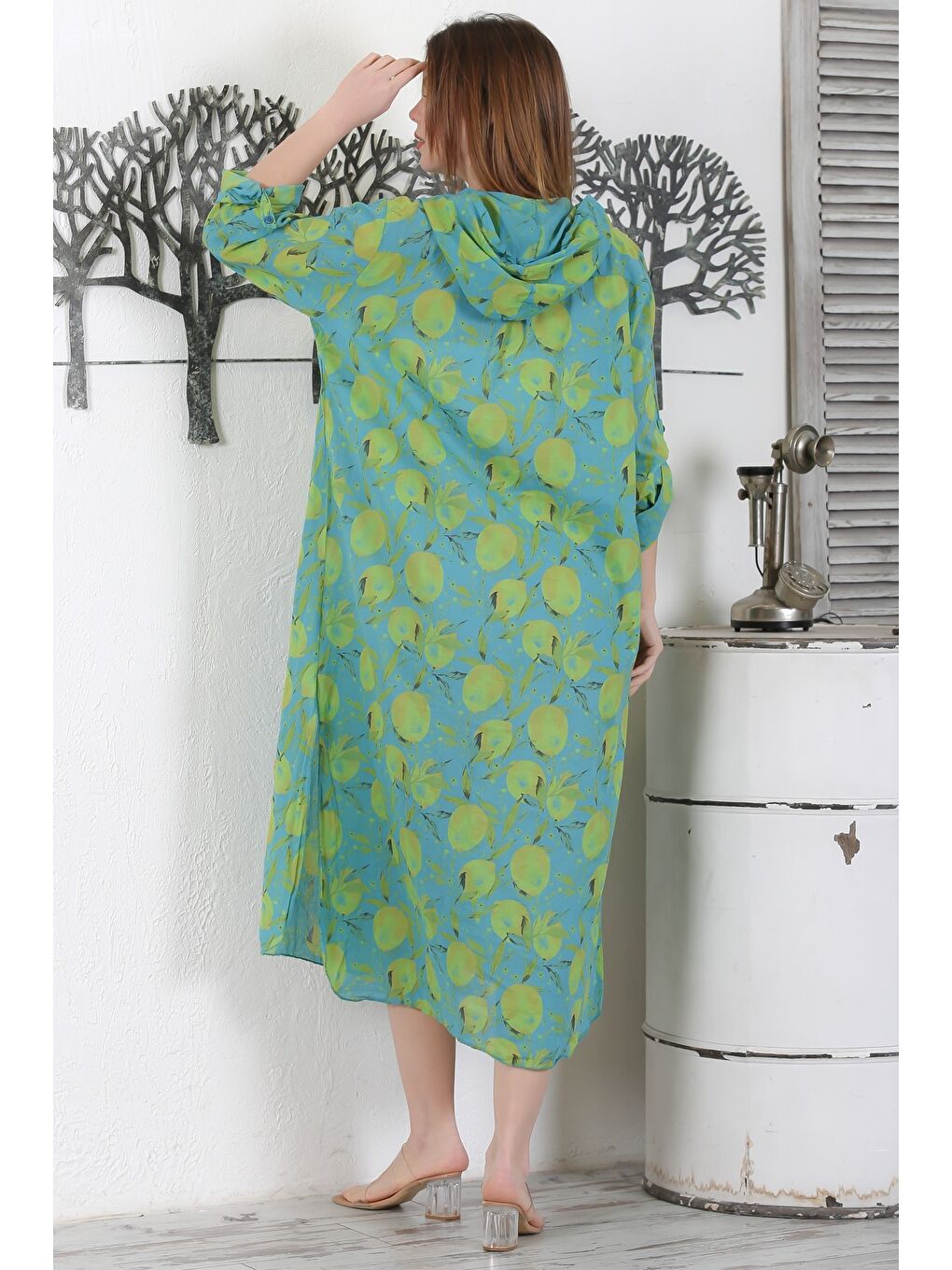 İtalyan Mavi Düğmeli Uzun Kollu Desenli Çift Cepli Kapüşonlu Casual Dokuma Yazlık Elbise 130 65-7