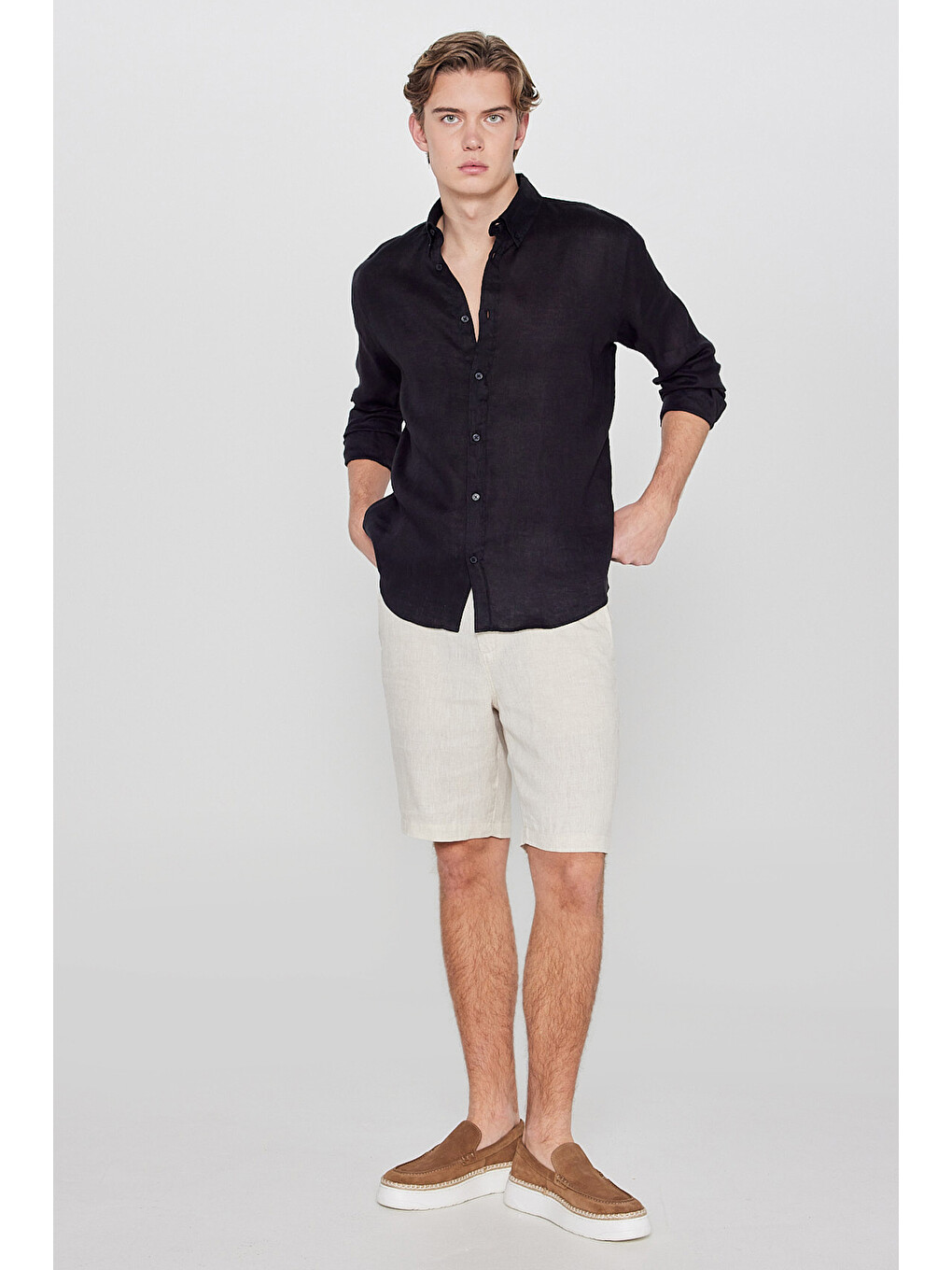 Bej %100 Keten Regular Fit Normal Kesim Cepli Şort