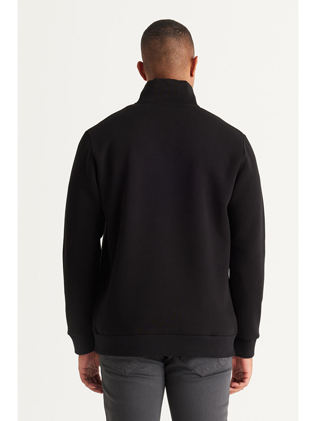 Erkek Siyah Standart Fit Normal Kesim İçi Polarlı Bato Yaka Pamuklu Sweatshirt-1