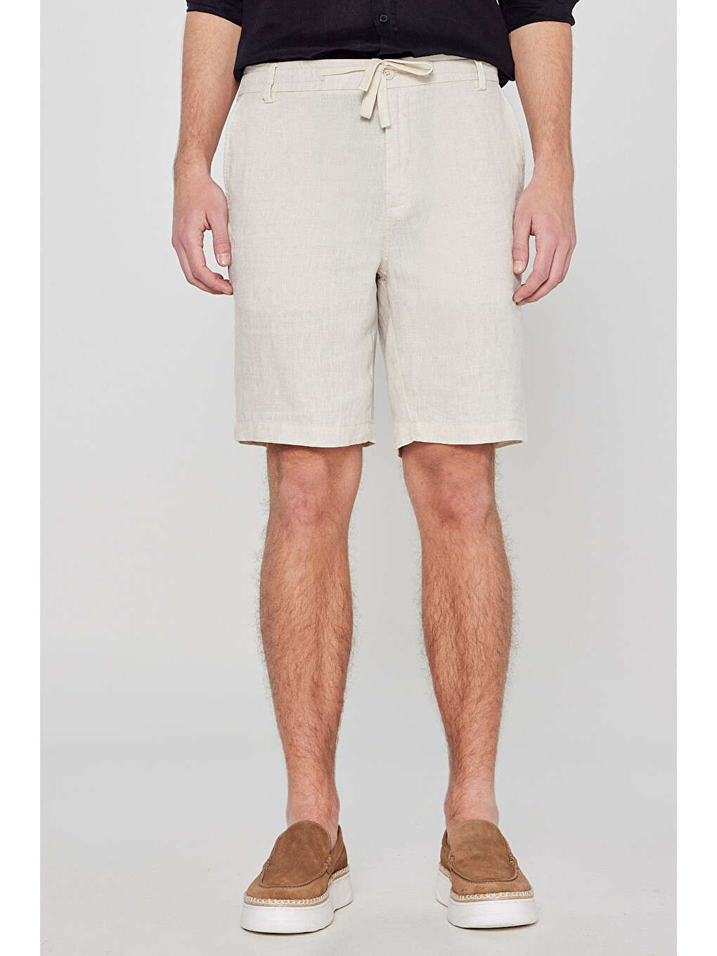 Bej %100 Keten Regular Fit Normal Kesim Cepli Şort-2