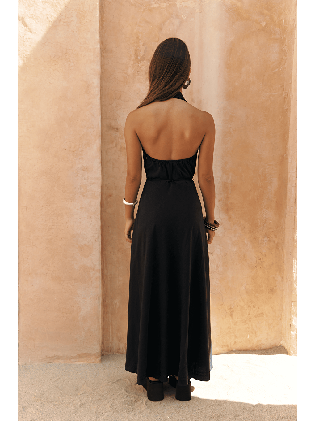 Rhonsa Bağcıklı Siyah Uzun Elbise-4
