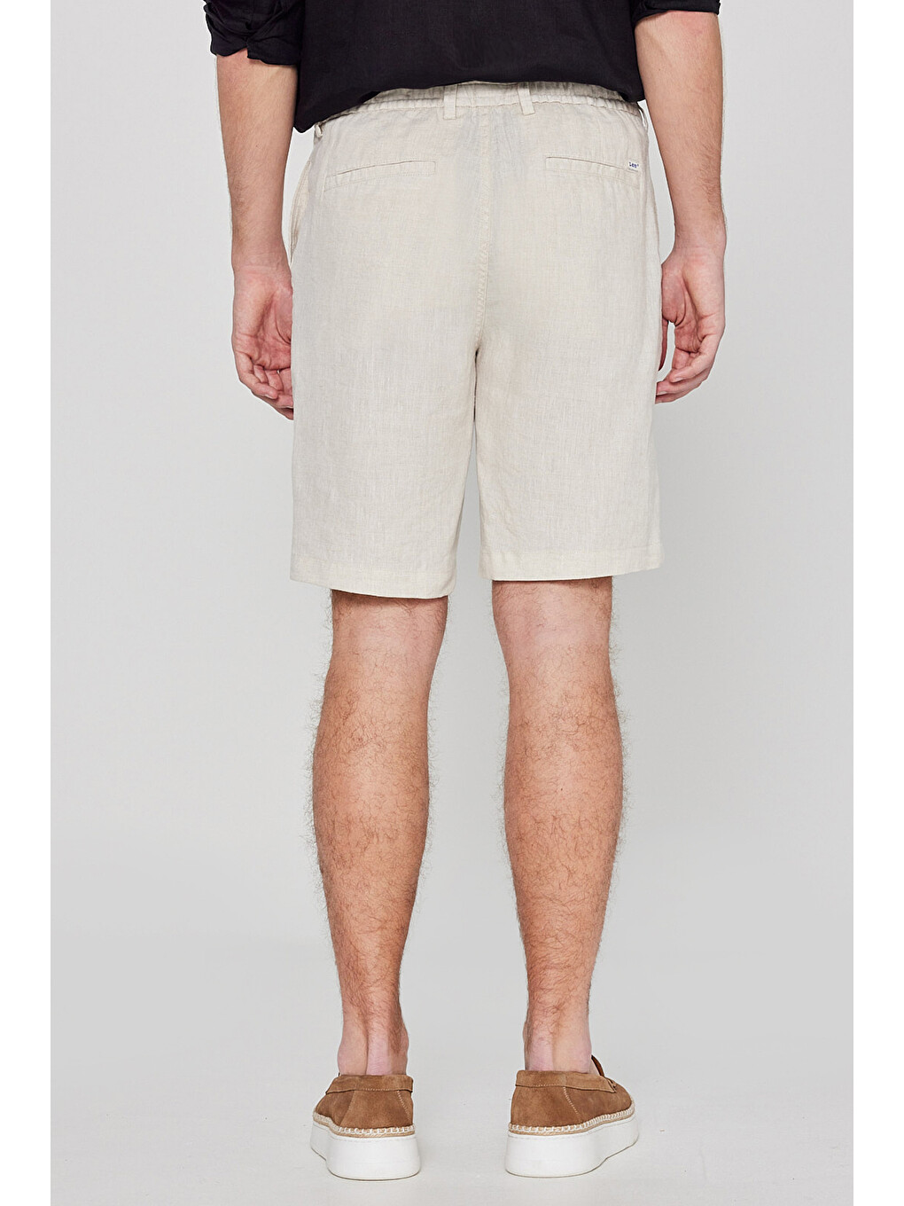 Bej %100 Keten Regular Fit Normal Kesim Cepli Şort-3