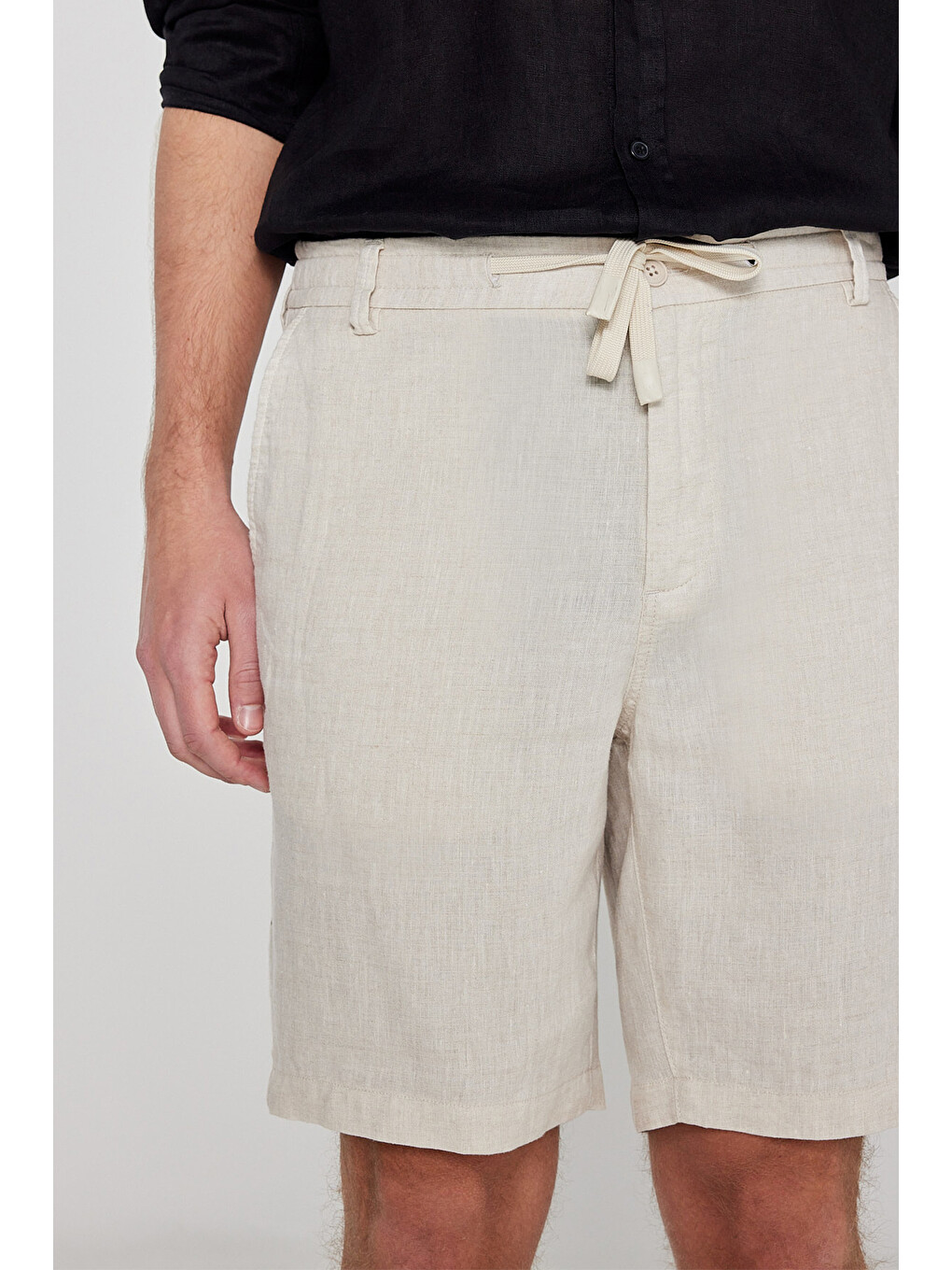 Bej %100 Keten Regular Fit Normal Kesim Cepli Şort-4