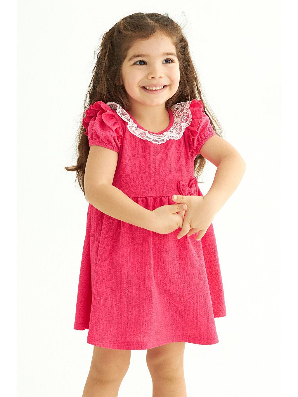Kare Yaka Fırfır Kol Bısıklet Yaka Kurdale Detaylı Yakası Dantelli Fuşya Renk Kız Çocuk Elbıse-1