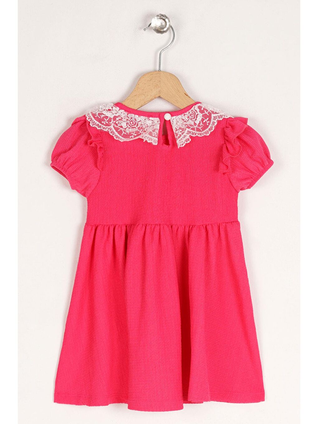 Kare Yaka Fırfır Kol Bısıklet Yaka Kurdale Detaylı Yakası Dantelli Fuşya Renk Kız Çocuk Elbıse-2