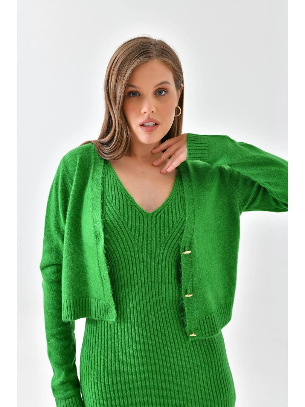 Yeşil Düğme Detaylı İkili Triko Takım-1