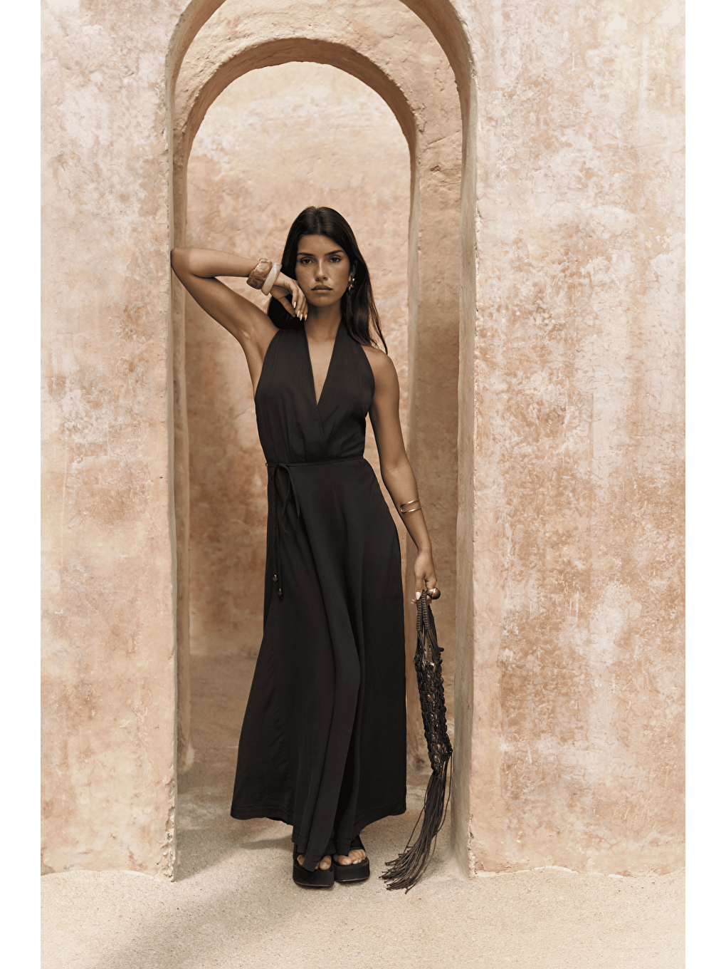 Kahverengi Rhonsa Bağcıklı Kahve Uzun Elbise-2