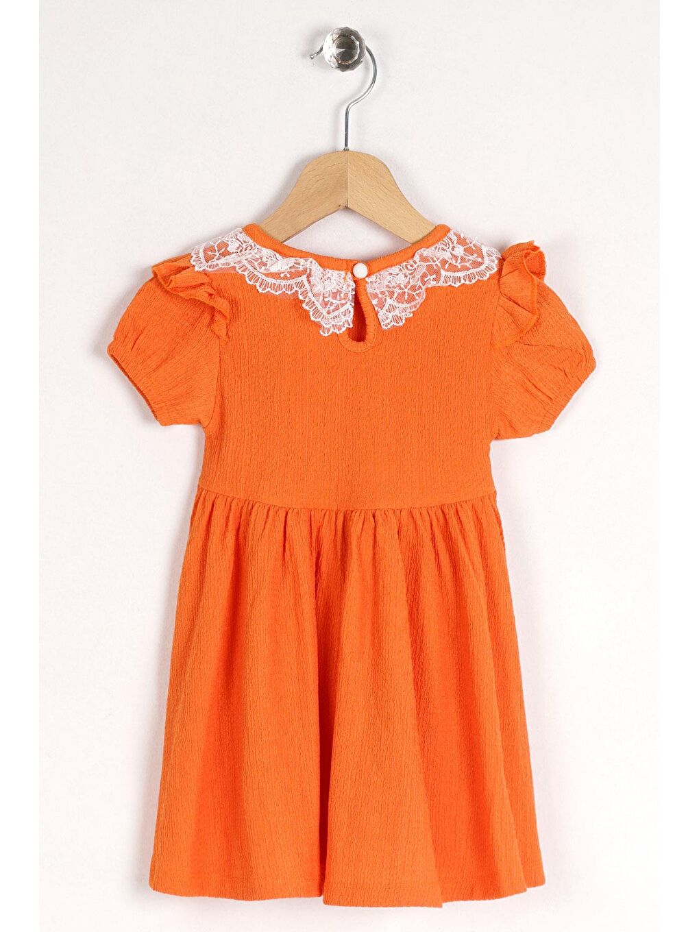 Turuncu Kare Yaka Fırfır Kol Bısıklet Yaka Kurdale Detaylı Yakası Dantelli Oranj Renk Kız Çocuk Elbıse-1