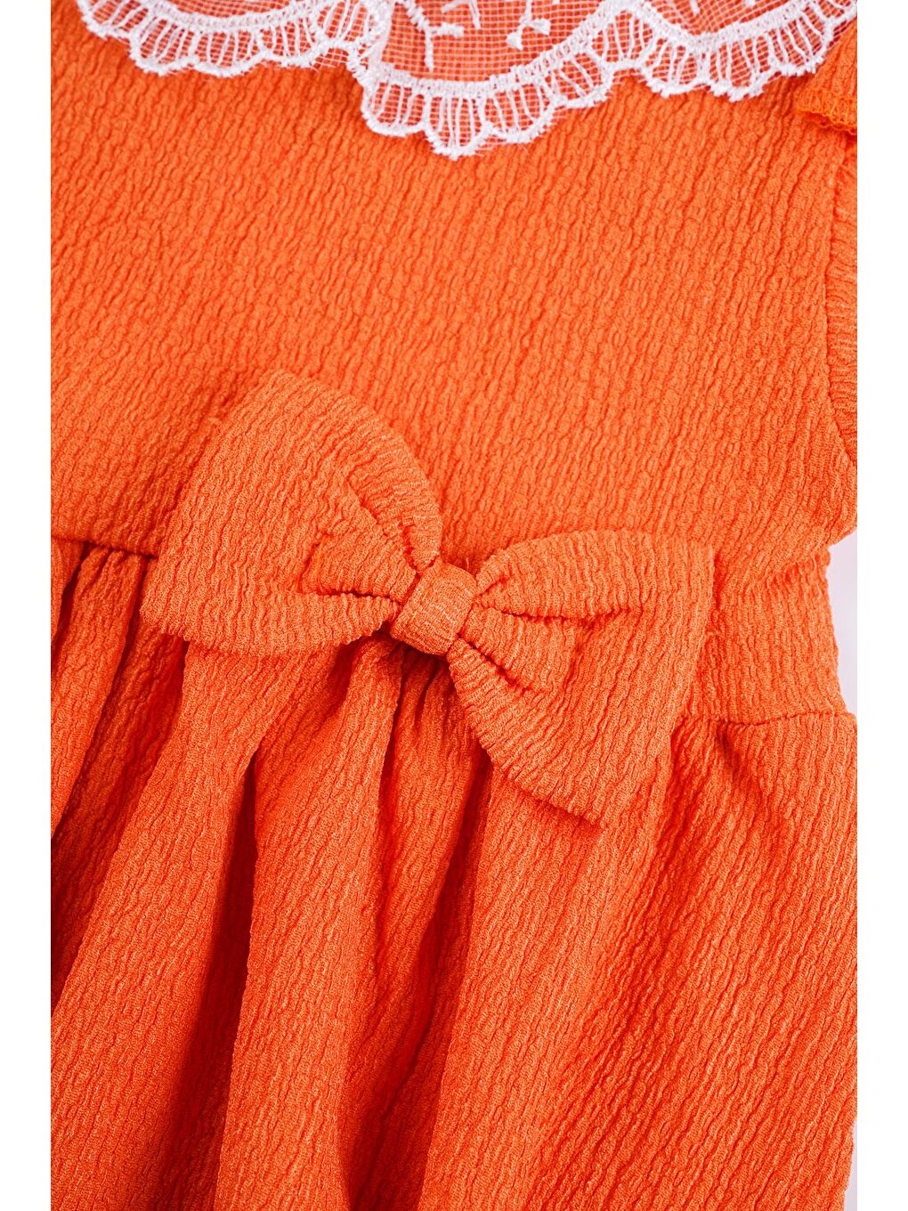 Turuncu Kare Yaka Fırfır Kol Bısıklet Yaka Kurdale Detaylı Yakası Dantelli Oranj Renk Kız Çocuk Elbıse-2