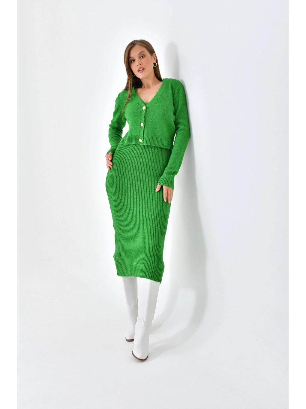 Yeşil Düğme Detaylı İkili Triko Takım-2