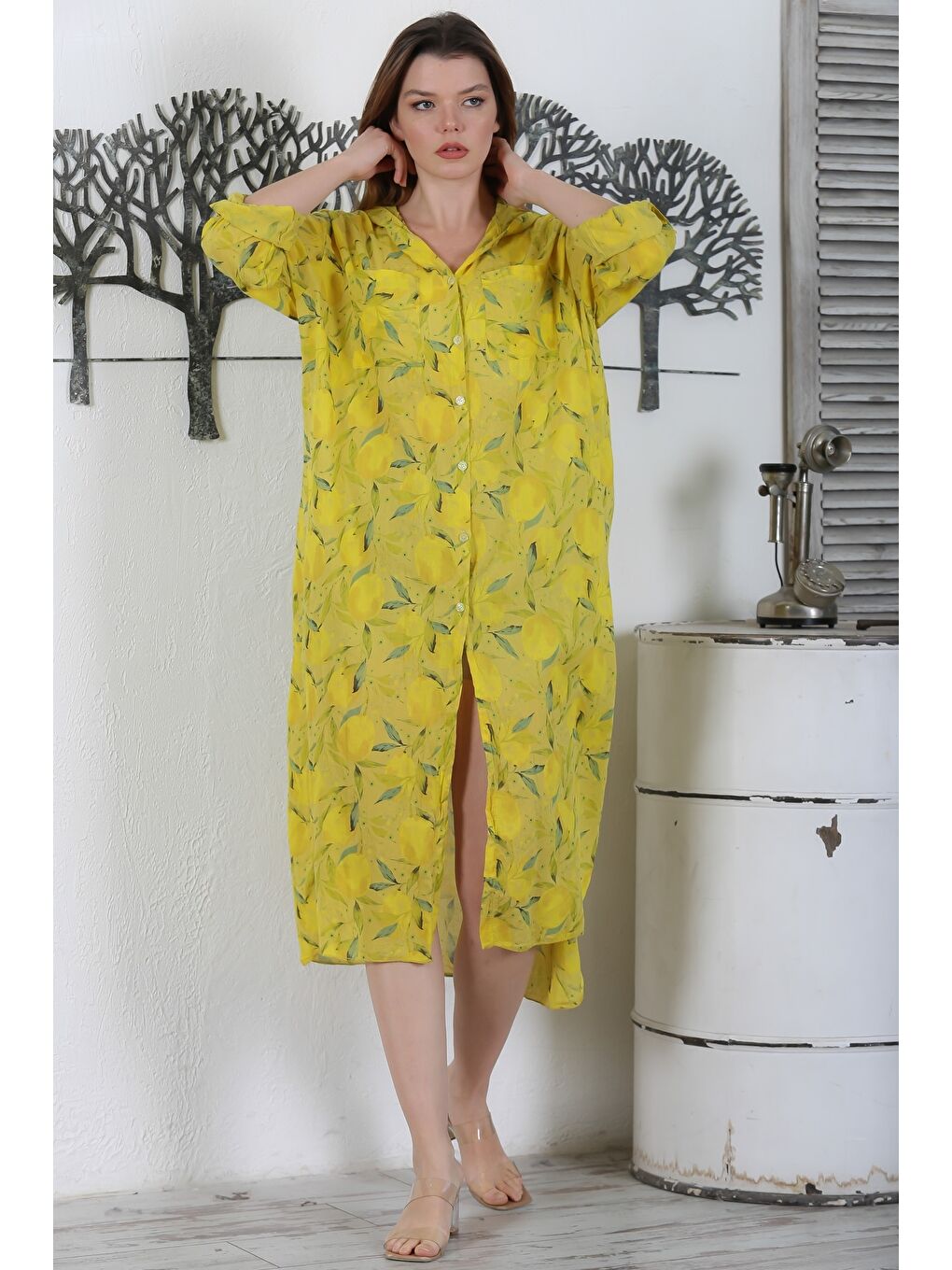 Sarı İtalyan Hardal Rengi Düğmeli Uzun Kollu Desenli Çift Cepli Kapüşonlu Dokuma Yazlık Elbise 130 65-1