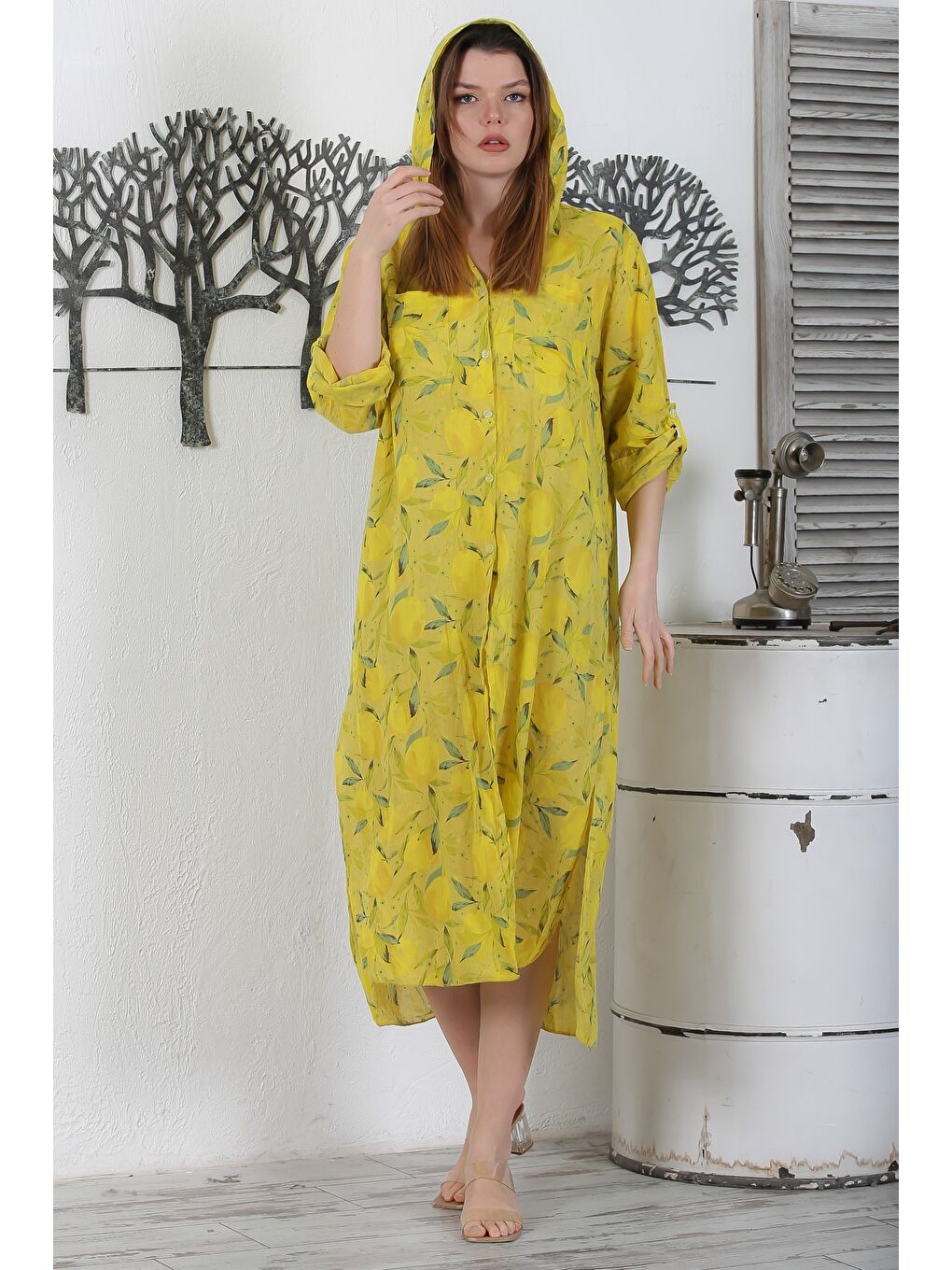 Sarı İtalyan Hardal Rengi Düğmeli Uzun Kollu Desenli Çift Cepli Kapüşonlu Dokuma Yazlık Elbise 130 65-2