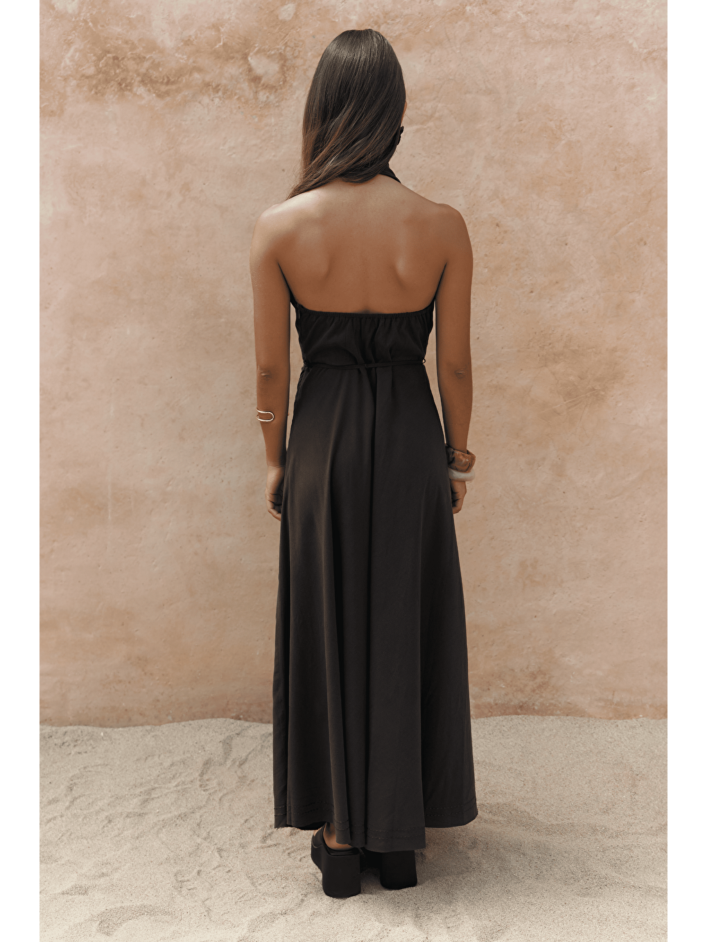 Kahverengi Rhonsa Bağcıklı Kahve Uzun Elbise-4