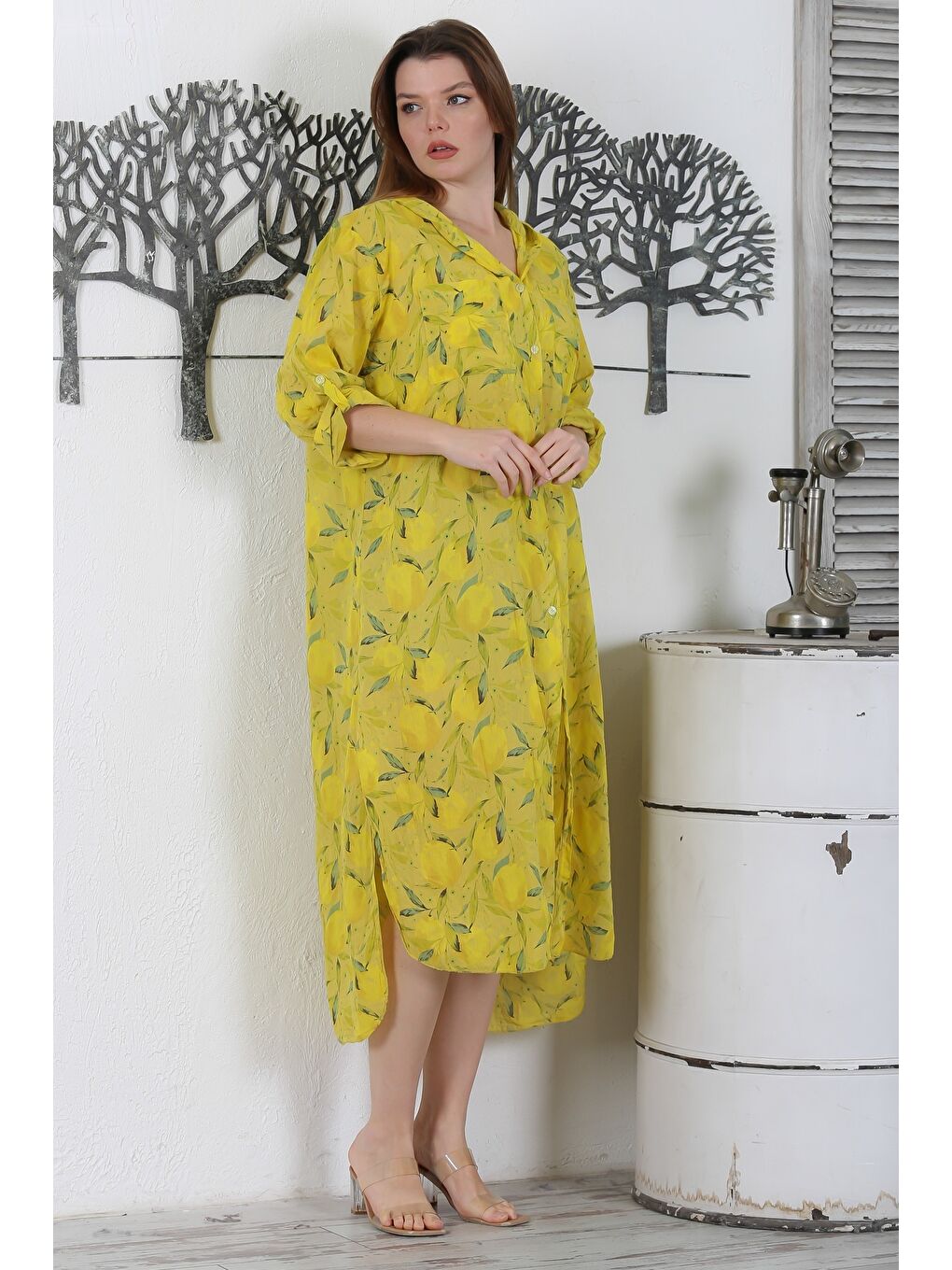 Sarı İtalyan Hardal Rengi Düğmeli Uzun Kollu Desenli Çift Cepli Kapüşonlu Dokuma Yazlık Elbise 130 65-3