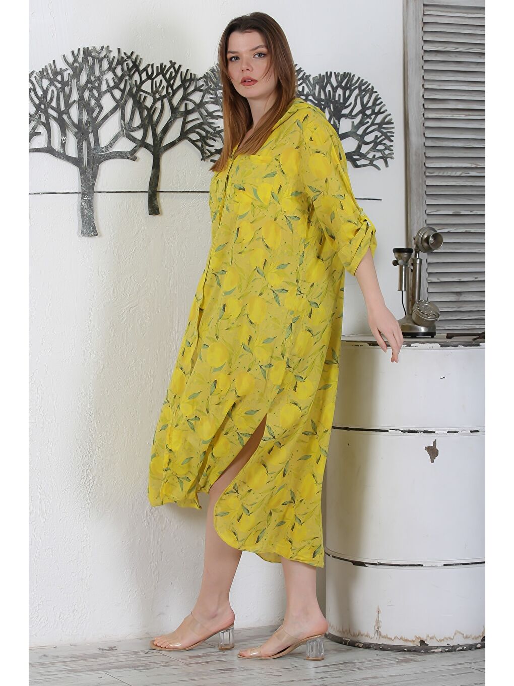 Sarı İtalyan Hardal Rengi Düğmeli Uzun Kollu Desenli Çift Cepli Kapüşonlu Dokuma Yazlık Elbise 130 65-4