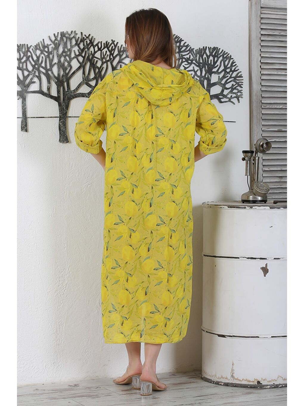 Sarı İtalyan Hardal Rengi Düğmeli Uzun Kollu Desenli Çift Cepli Kapüşonlu Dokuma Yazlık Elbise 130 65-5