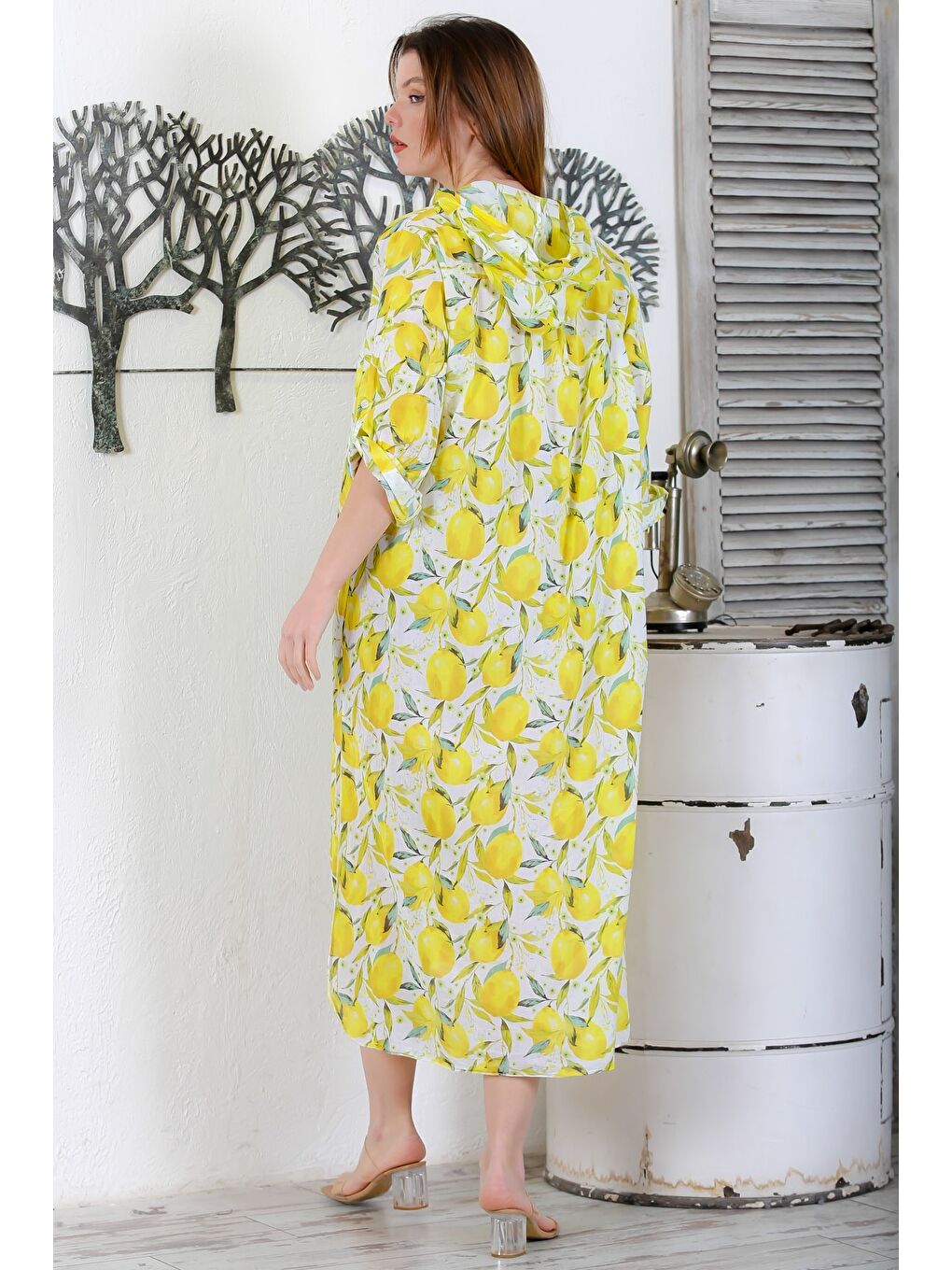 Sarı İtalyan Hardal Rengi Düğmeli Uzun Kollu Desenli Çift Cepli Kapüşonlu Dokuma Yazlık Elbise 130 65-7