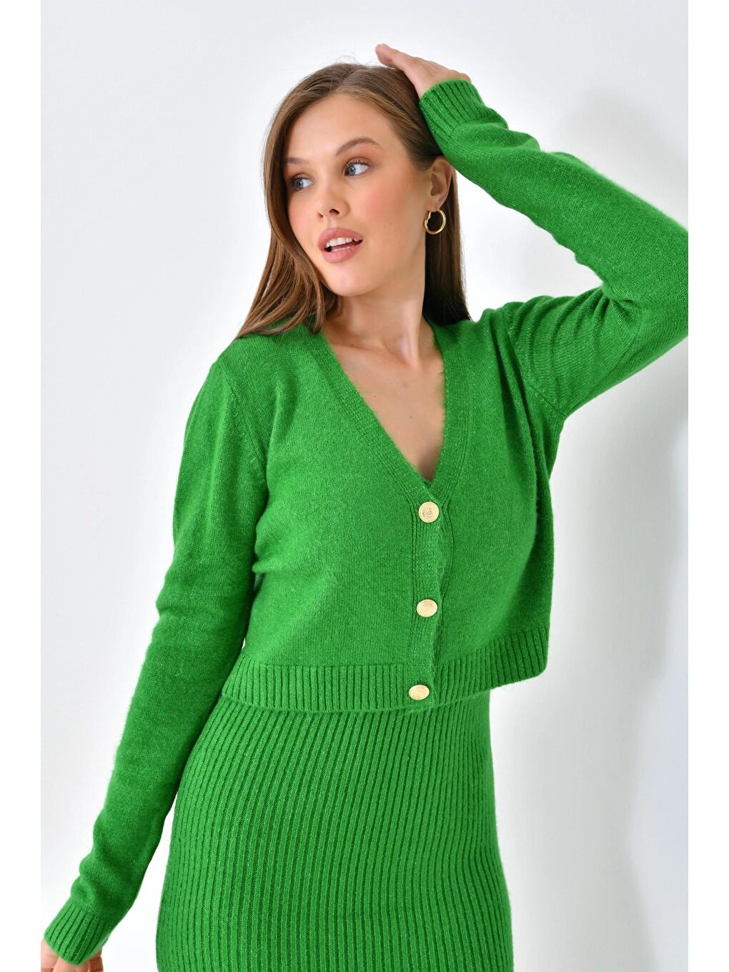 Yeşil Düğme Detaylı İkili Triko Takım-3