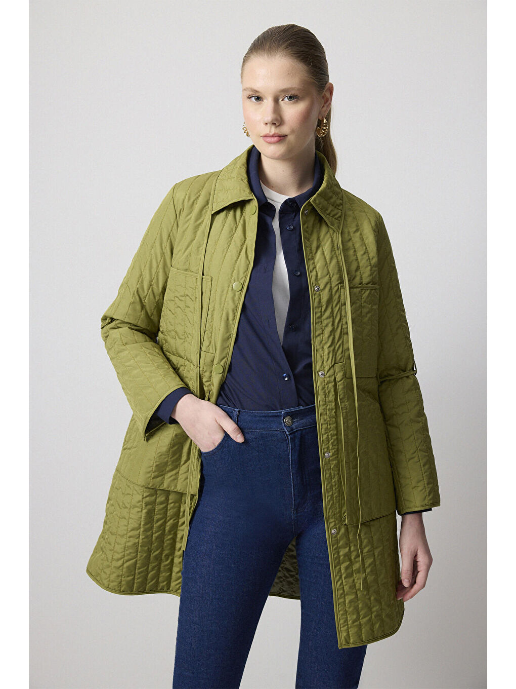 Haki Kapitone İnce Ceket