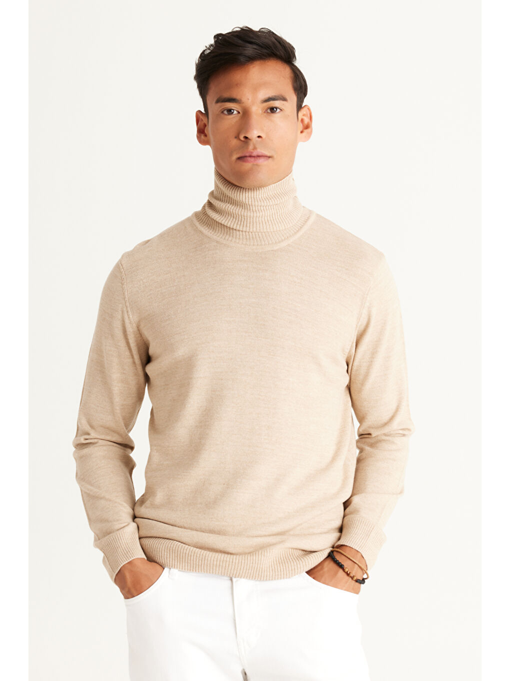 Erkek Bej Standart Fit Tüylenme Yapmayan Tam Balıkçı Yaka Triko Kazak-2