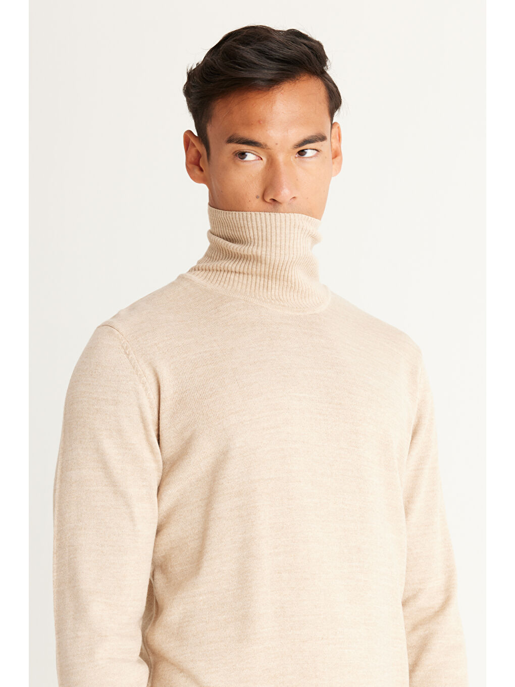Erkek Bej Standart Fit Tüylenme Yapmayan Tam Balıkçı Yaka Triko Kazak-4