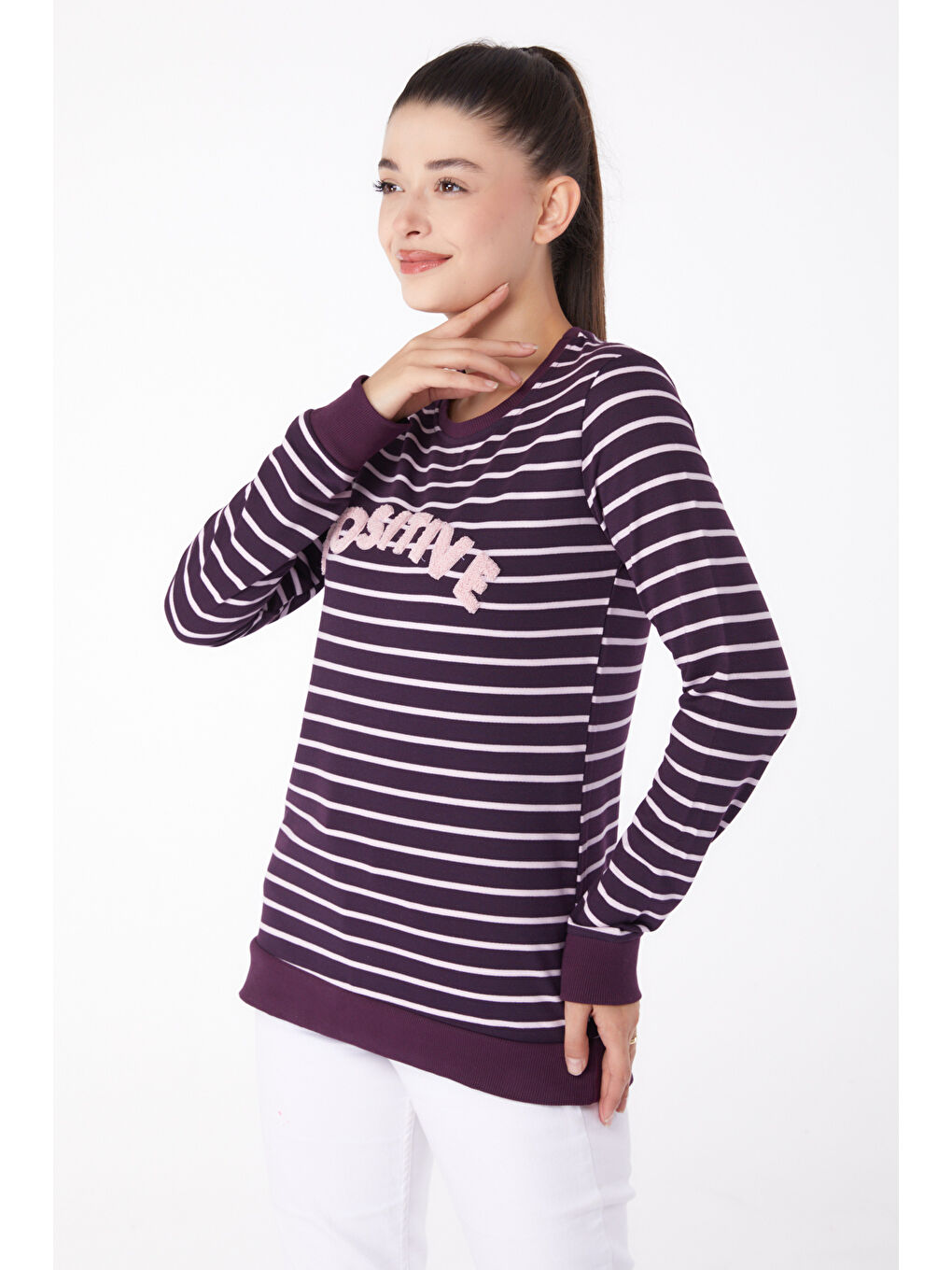 TOFİSA Düz Bisiklet Yaka Kadın Mor Nakışlı Sweatshirt - 26290 - 2