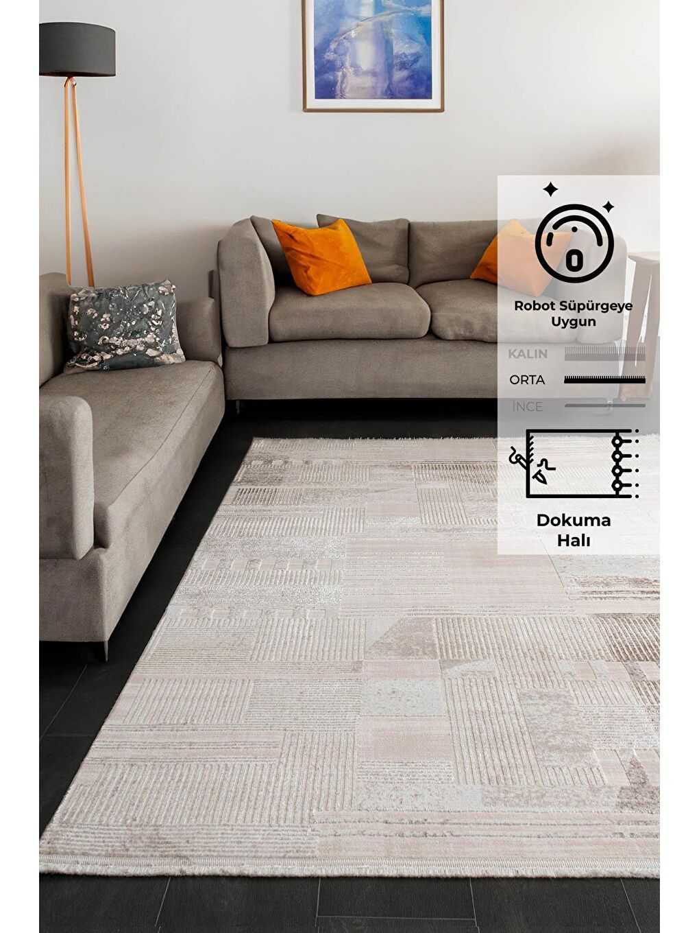 Bej Elex 5206 Salon Mutfak Oturma Odası Halısı Modern Dokuma Halı-100x200