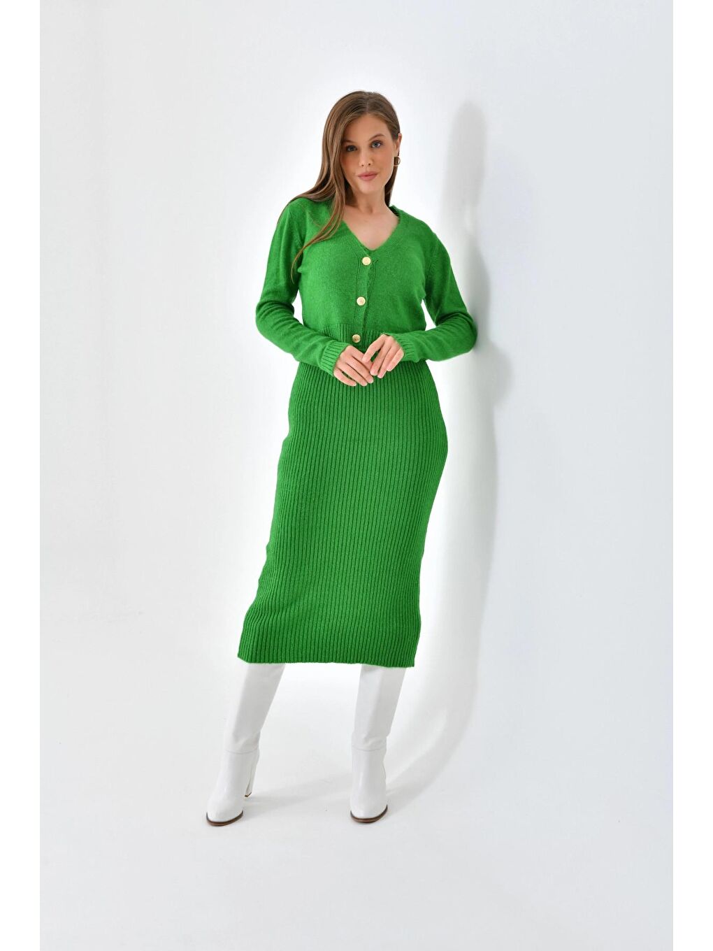 Yeşil Düğme Detaylı İkili Triko Takım-4