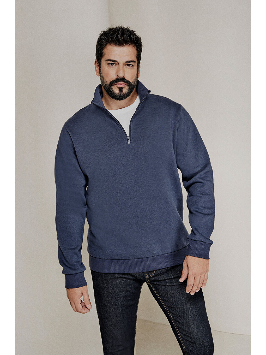 Erkek Lacivert Standart Fit Normal Kesim İçi Polarlı Bato Yaka Pamuklu Sweatshirt