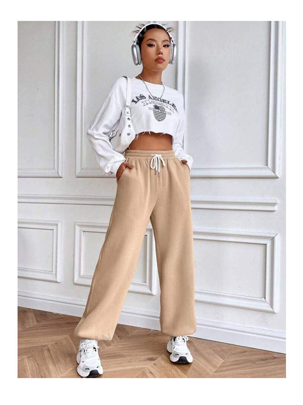 Ekru Kadın Kendinden Kıvırma Bol İnce Eşofman SPR24EA89-1