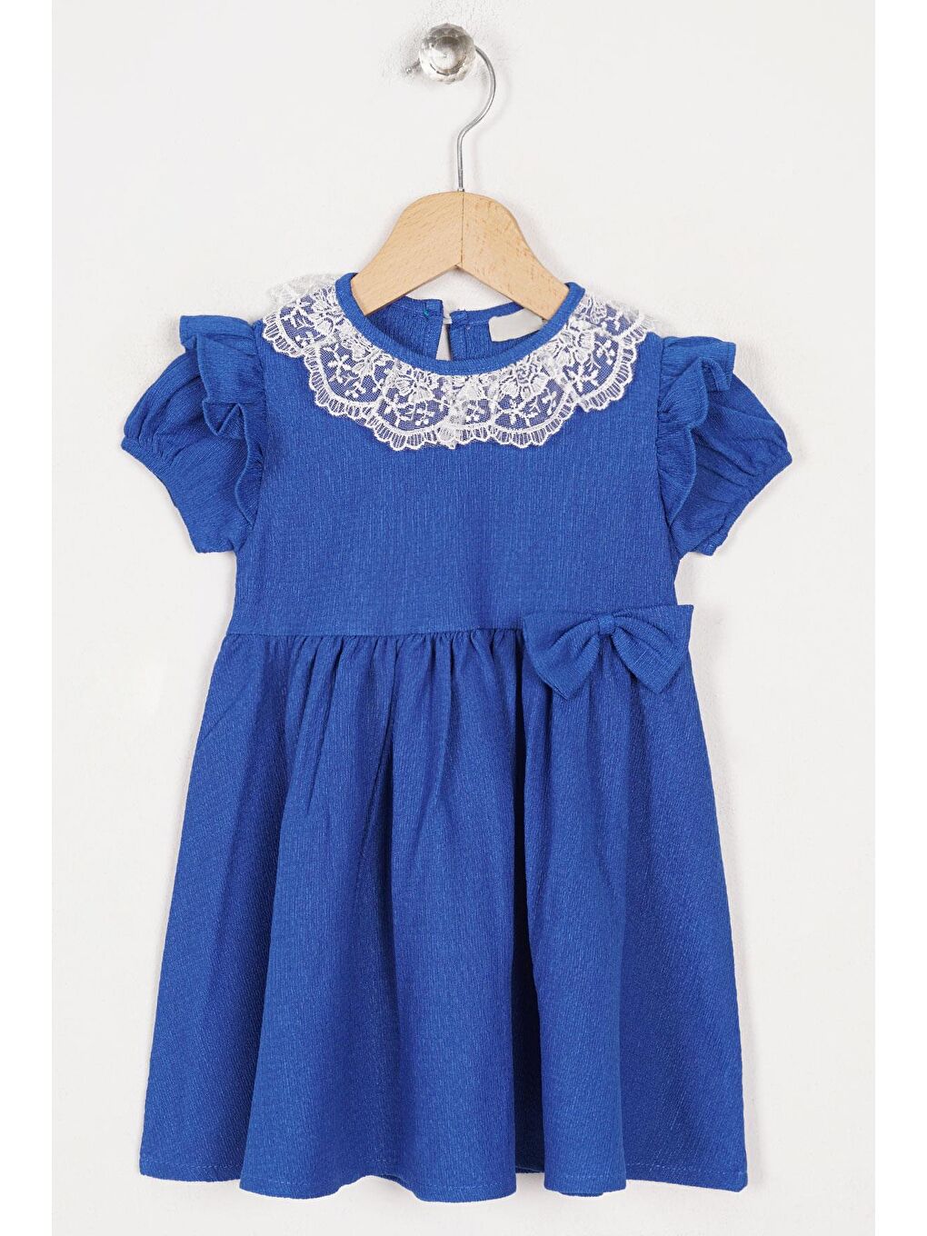 Mavi Kare Yaka Fırfır Kol Bısıklet Yaka Kurdale Detaylı Yakası Dantelli Saks Renk Kız Çocuk Elbıse