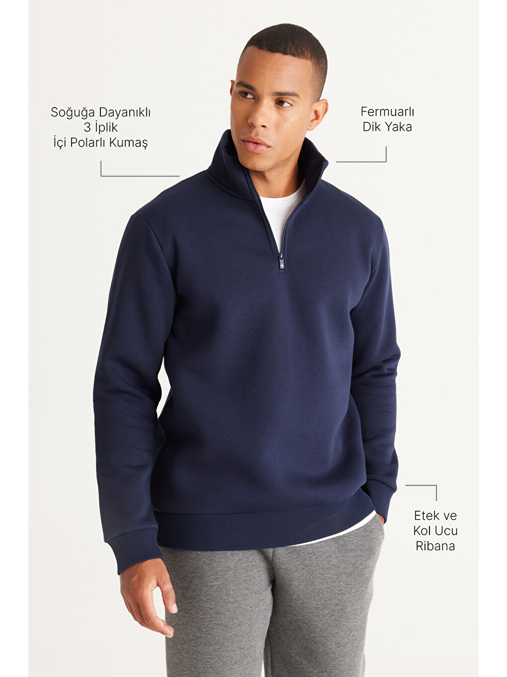 Erkek Lacivert Standart Fit Normal Kesim İçi Polarlı Bato Yaka Pamuklu Sweatshirt-2