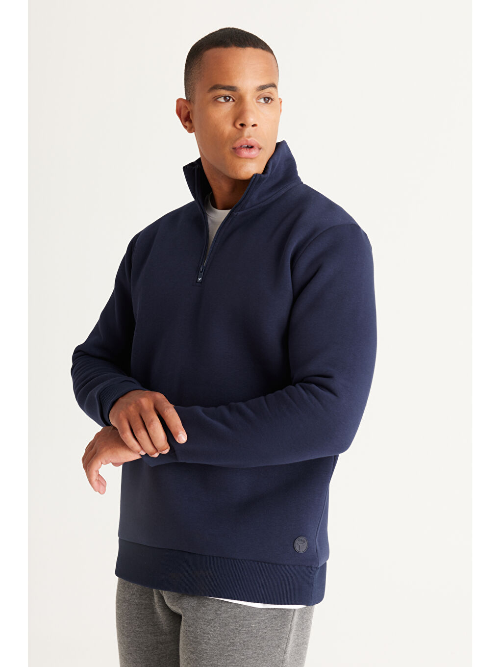 Erkek Lacivert Standart Fit Normal Kesim İçi Polarlı Bato Yaka Pamuklu Sweatshirt-3