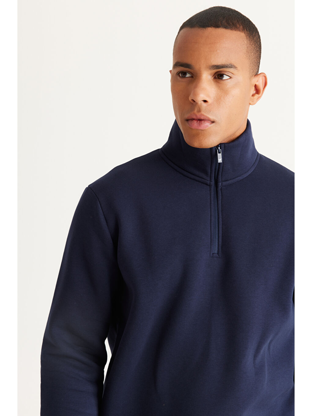 Erkek Lacivert Standart Fit Normal Kesim İçi Polarlı Bato Yaka Pamuklu Sweatshirt-4