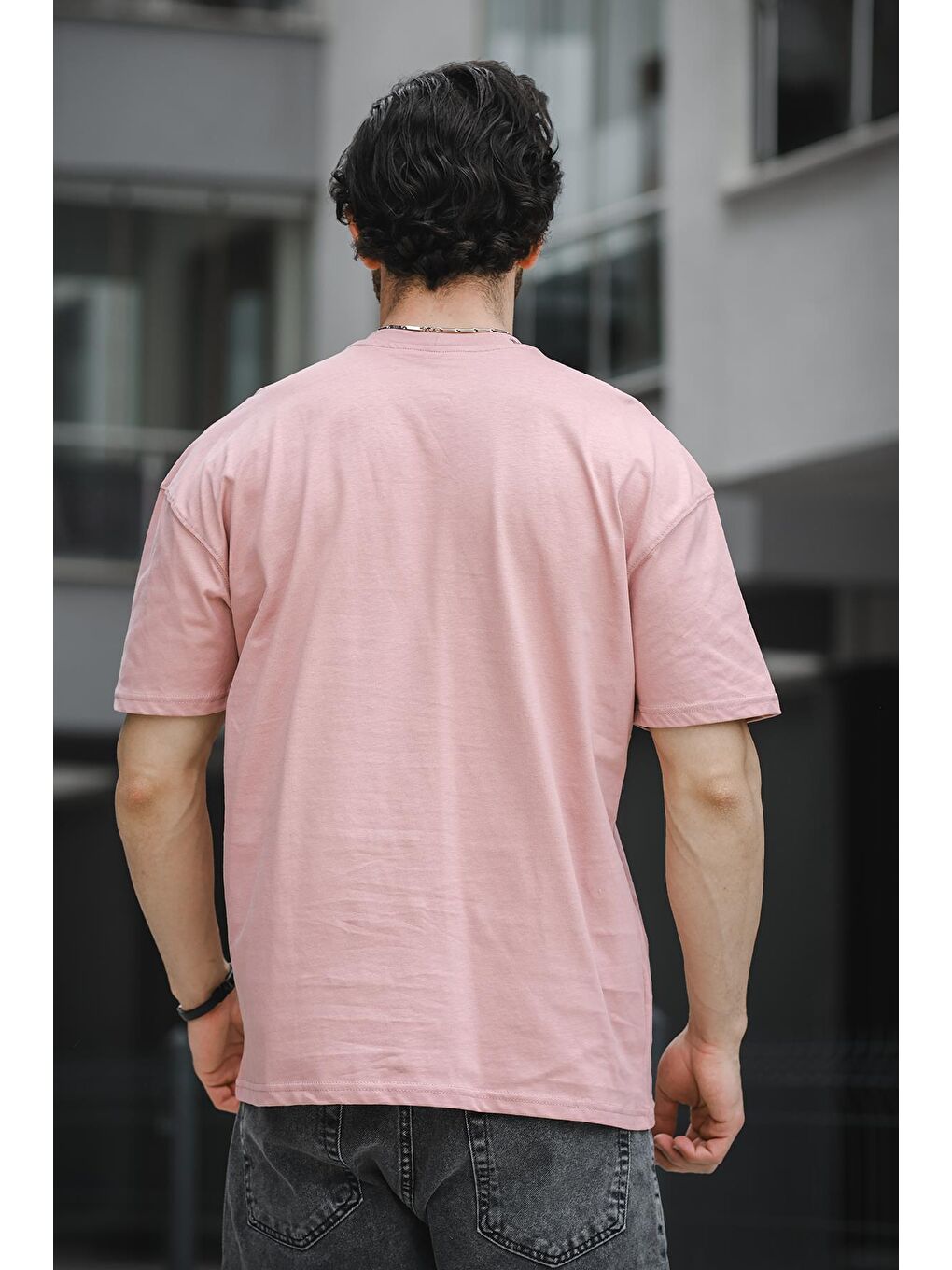 Pembe Bisiklet Yaka Kısa Kollu Yazı Baskılı Oversize Erkek Tişört-2