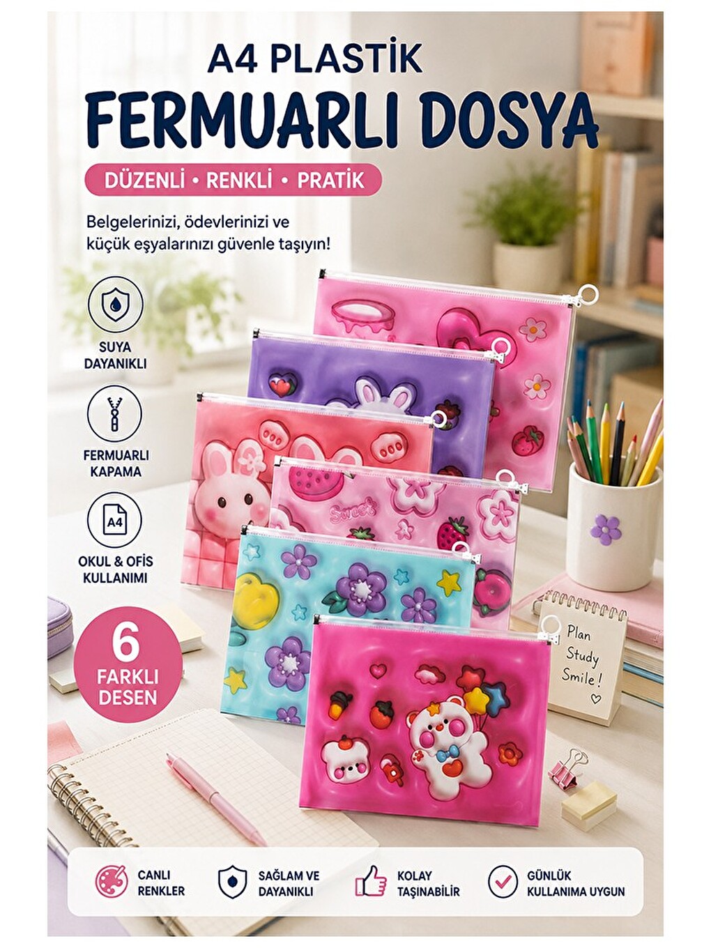 Fermuarlı Dosya Kız Desenli A4 6 Adet Fixpoint 2380 Plastik Desenli Fermuarlı Zarf Dosya Ödev Evrak