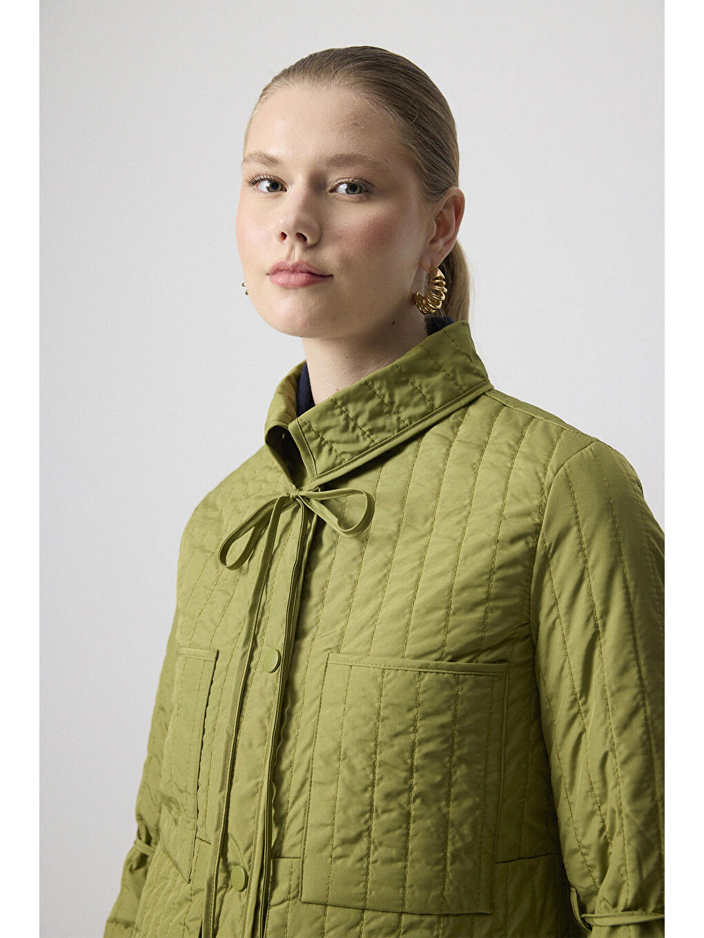 Haki Kapitone İnce Ceket-4