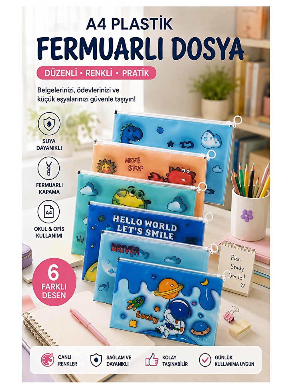 Fermuarlı Dosya Erkek Figürlü A4 6 Adet Fixpoint 2380 Plastik Desenli Fermuarlı Zarf Dosya Ödev Evra