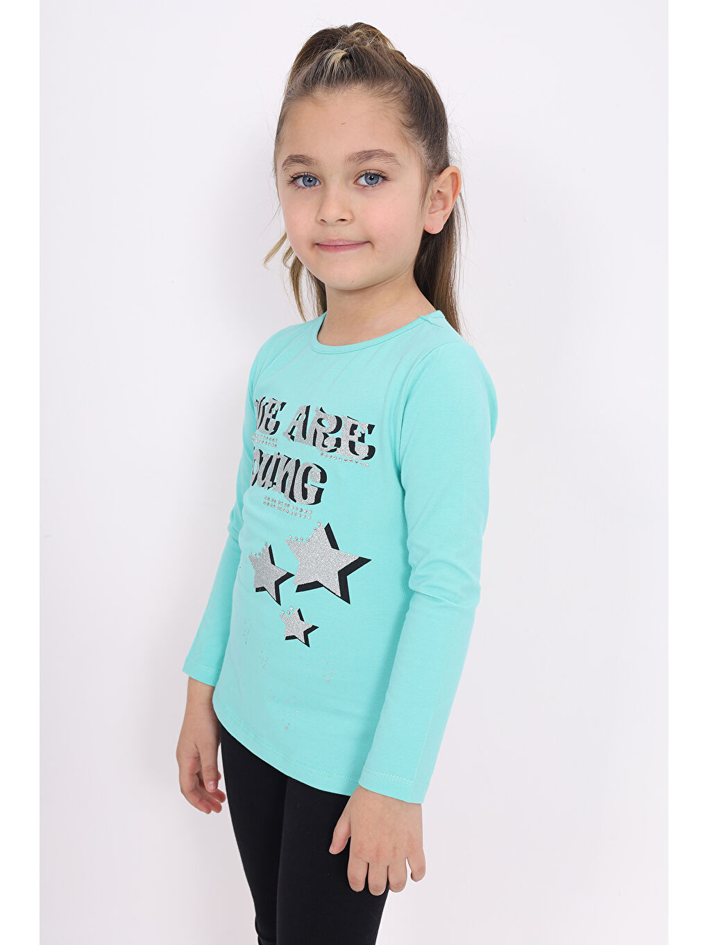 Yeşil Kız Çocuk Baskılı Taş İşlemeli Tişört-1