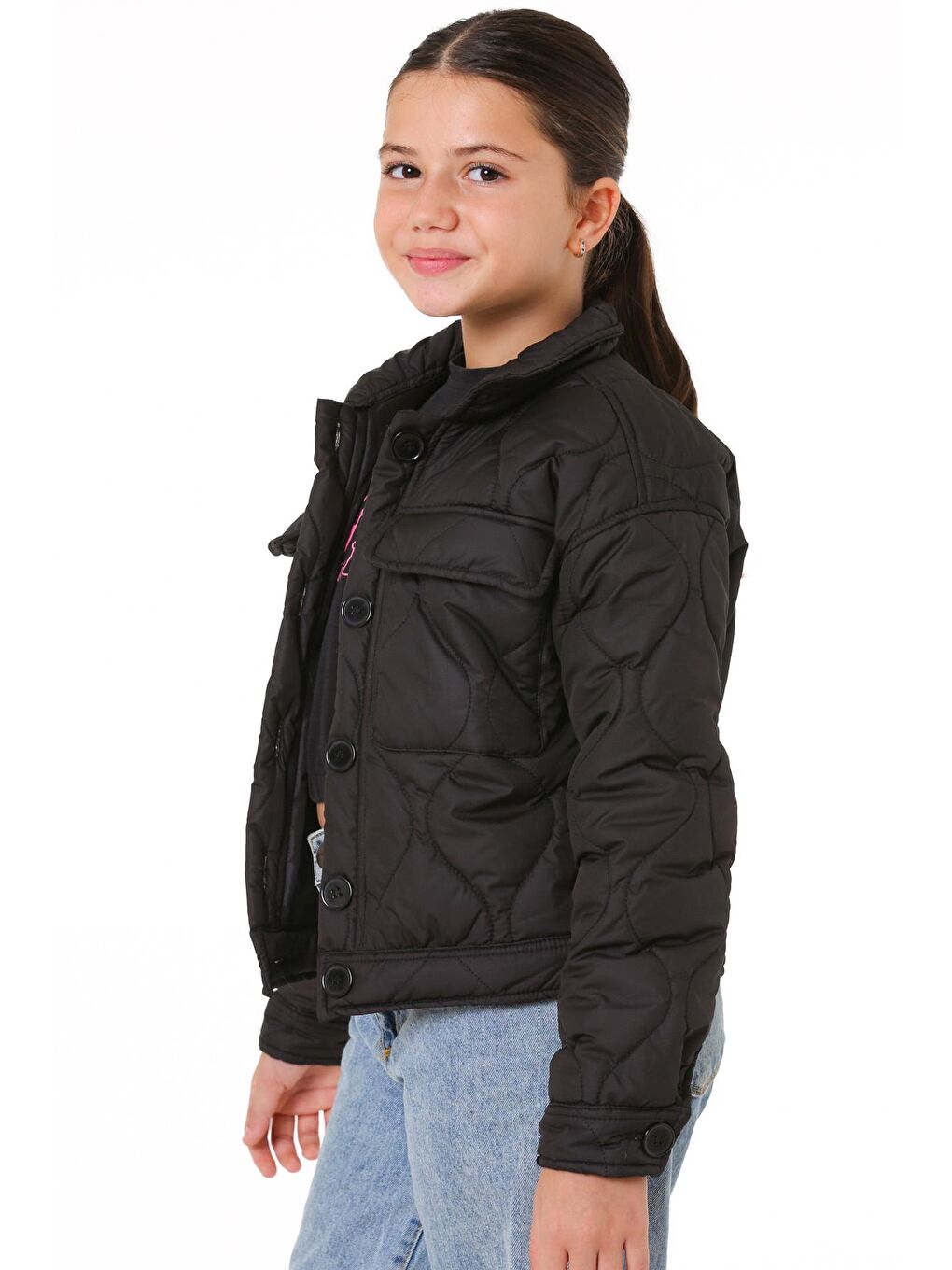 Kız Çocuk Siyah Kapitone Mevsimlik 7-12 Yaş Mont - 23241-2-1